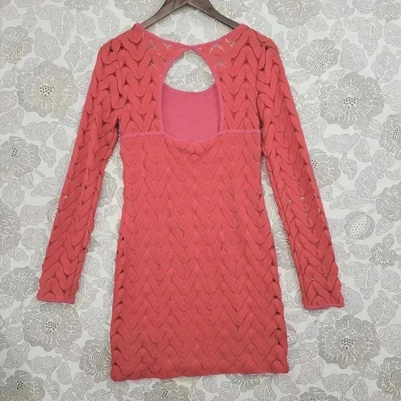 Free People Lace Red Long SleeveCut out Back Mini Dress Size S - Picture 2 of 8